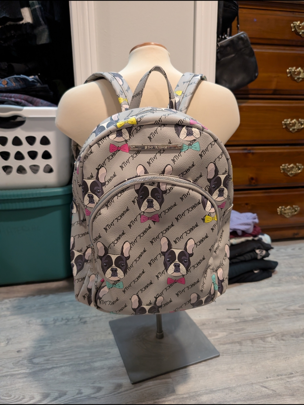 Betsey Johnson Grey Backpack with French Bulldog Print